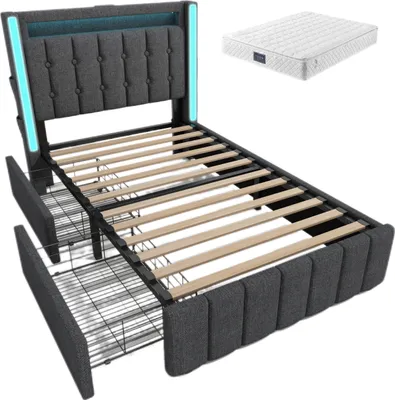 Produktbild von Polsterbett 90x200cm Einzelbett (Mit Matratze) Jugendbett Mit USB Typ C Ladefunktion LED-Beleuchtung und 2 Schubladen Stauraumbett Grau Leinen