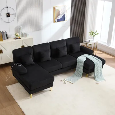 Productafbeelding van Moderne U-vormige bank met LED-omgevingsverlichting en een USB-C-poort. Massief houten frame, 4 luxe kussens en een ergonomische, hoogwaardige rugleuning voor maximaal comfort, zwart