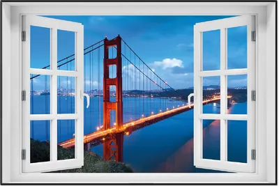 Produktbild von Wallario Wandbild mit Fenster-Illusion: Golden Gate Bridge in San Francisco  USA, Größe: 61 x 91,5 cm, Poster mit schwarzem Aluminiumrahmen