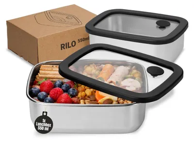 Produktbild von Lunchbox Edelstahl mit Glasdeckel 550 ml - auslaufsichere Brotdose aus Edelstahl - Lunchbox für Kinder & Erwachsene - silber/blau