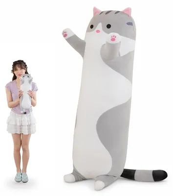 Produktbild von Katzenkissen Kuscheltierkissen Plüschkissen - 50 cm - Grau - Kawaii Katze - Für Kinder und Erwachsene