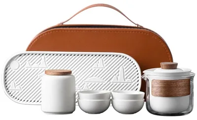Zdjęcie produktu dla INF Ceramiczny zestaw podróżny do herbaty – przenośny zestaw gongfu z imbrykiem, 4 filiżankami, dzbankiem wyrównującym i puszką, biały