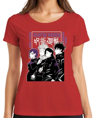 Imagen del producto de Camiseta para mujer, estilo retro, con motivos del manga y anime Jujutsu Kaisen, con personajes y estética en colores  y morado. Talla M. Color: Rojo