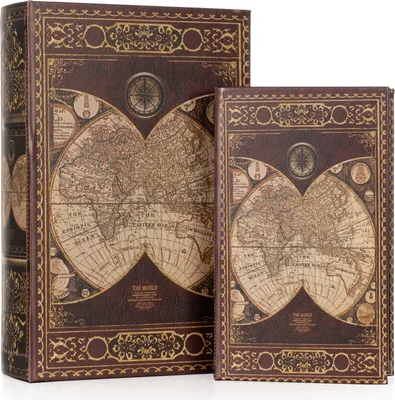 Image de Couvre-livres Carte du monde brun-or - Cachette secrète en 2 parties de style antique - Boîte à livres décorative pour bijoux & documents - Boîte de rangement cachée 27,2x18x7cm & 21,2x13x5cm