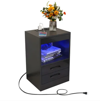 Produktbild von Nachttisch mit Steckdose,Nachtschrank mit Led Licht,Einstellbare Farben,Nachtkommode mit 2 Schubladen,Hochglanz Kommode Beistelltisch 40x35x60cm