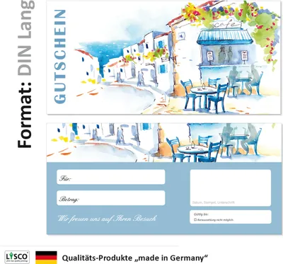 Produktbild von 100 Stück Geschenkgutscheine (Straßencafe-690) Gutscheine Gutscheinkarten für Gastronomie Bereiche wie Restaurant Gaststätte Lieferdienst Konditorei