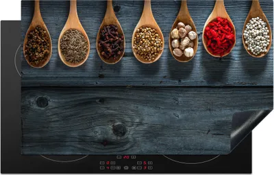 Produktbild von KitchenYeah© Herdabdeckplatte Gewürze - Löffel - Holz - Küche - Gewürze - Industrie , 85x52cm, Küche Deko, Glaskeramikkochfeld Herdabdeckung, Abdeckplatte fùr Kochfeld