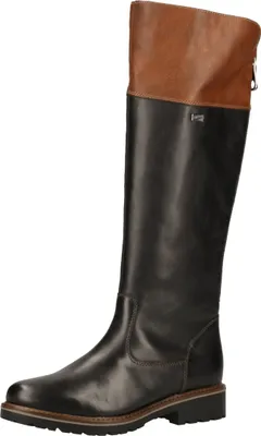 A single black and brown leather boot is shown against a white background.