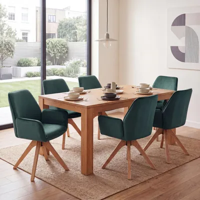 Produktbild von 6er-Set Esszimmerstuhl HWC-G67, Esstischstuhl Küchenstuhl mit Armlehne, drehbar Holz Samt 320 g/m² MVG  grün