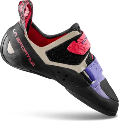 Klett-Kletterschuh "Kubo Woman" von La Sportiva; schwarz mit lila und rotem Design.