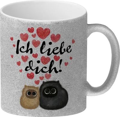 Produktbild von Knuffige Katzen Glitzer-Kaffeebecher mit Spruch Ich liebe dich