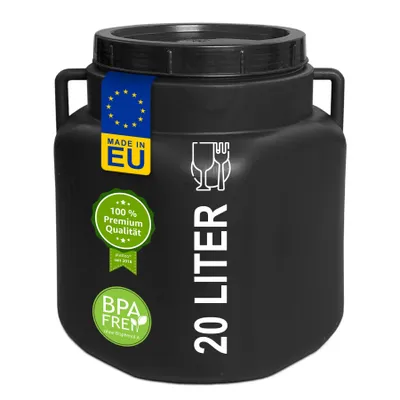 A black 20-liter plastic container with handles and a lid, featuring several labels and text.
