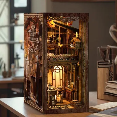 Image de Maison miniature Book Nook - Maison du Café - Puzzle 3D - 289 pièces - Maison miniature en bois - avec éclairage LED