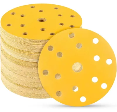 Immagine prodotto di Dischi abrasivi da 150 mm con sistema di fissaggio a velcro, grana 400, 15 fori, confezione da 50 pezzi, adatti per levigatrici eccentriche, per legno, metallo e vernice