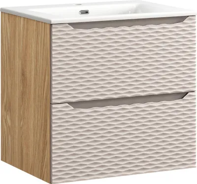 Produktbild von Badezimmerschrank 60 cm mit Keramikwaschbecken - Eiche geölt, beige 3D