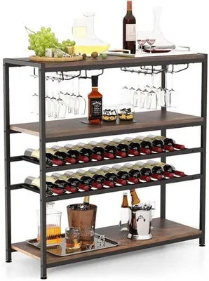Immagine prodotto di Portabottiglie a 5 livelli, stile rustico, color marrone - Portaflaconi autoportante con portabicchieri - Ideale per il soggiorno