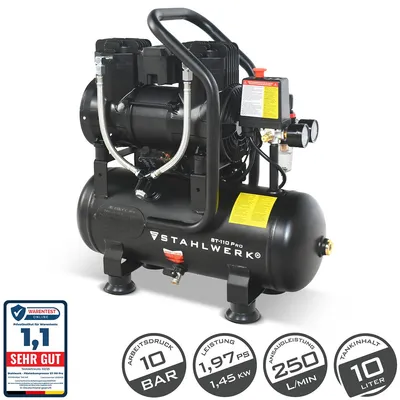 Produktbild von STAHLWERK Kompressor mit 10 L Tank (ST-110 Pro) – ölfrei & leise, 8 bar, Silent-Druckluftkompressor mit Brushless-Motoren, 1,97 PS, 1,45 kW, 250 l/min