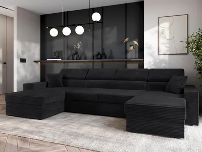 Image de AX LIVING Belek U Form Canapé en velours côtelé noir avec coffre de lit 355 cm