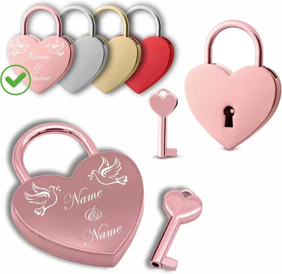 Produktbild von Liebesschloss mit individueller Gravur und Schlüssel - personalisiertes Herzschloss mit Wunschtext und Design - Geschenke für Paare und Frauen (Rosa)