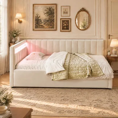 Zdjęcie produktu dla Łóżko tapicerowane INONEFT, sofa do spania, 90x200 cm, łóżko młodzieżowe, jednoosobowe, z oświetleniem LED, łóżko z hydraulicznym pojemnikiem, stelaż łóżka z listwami, kolor beżowy