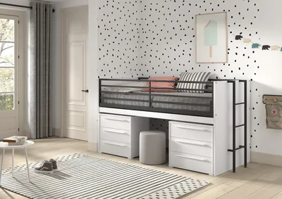 Produktbild von VIPACK - SAM halbhohes Bett mit ausziehbarem Schreibtisch, 2 Kommoden mit 3 Schubladen, Liegeflächen 90 x 200 cm, Ausf. Weiß Melamin Nachbildung