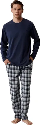 Image de Pyjama pour homme, modèle Atlantic, gris/bleu, manches longues, 100% coton, taille XXL