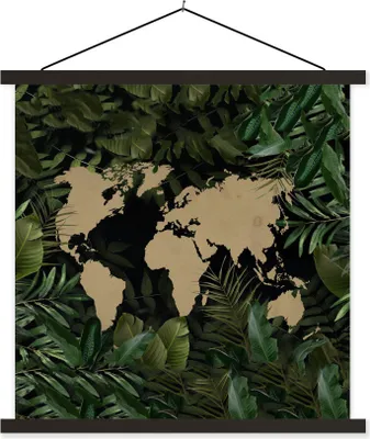 Produktbild von MuchoWow® Textilposter Weltkarte - Pflanzen - Blätter 120x120 cm mit schwarzem Rahmen - Aufhängungsset