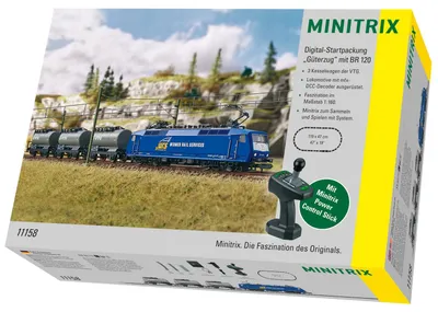 A model train set packaging showing a blue locomotive and several tank cars on a diorama.