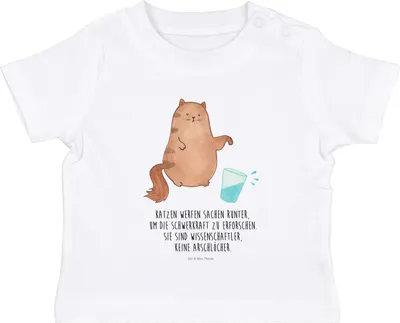 Produktbild von Mr. & Mrs. Panda Babyshirt Katze Wasserglas 6. - 12. Monat - Weiß - Geschenk, Baby Baumwollshirt, Kater, Cat,  T-Shirt, Neugierig, Organic, Baumwolle Shirt, Glas, Cats