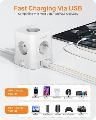 Obrázek produktu pro Zásuvková lišta 9 v 1 s USB-C, vícezásuvková lišta s 5 zásuvkami a vypínačem, ochrana proti přepětí, 4 USB porty, prodlužovací kabel 2 metry