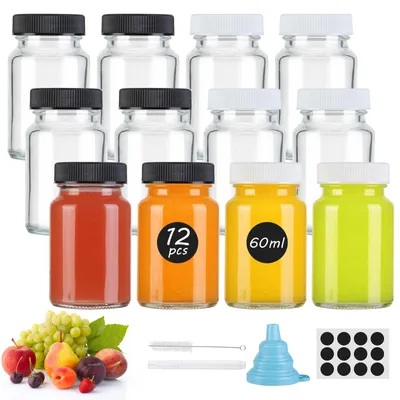 12er-Set 60 ml Glasflaschen mit Deckel & Etiketten, wiederverwendbar