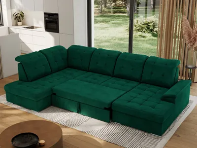 Produktbild von MKS MEBLE Ecksofa Wohnlandschaft U-Form, Sofa mit Schlaffunktion, Schlafsofa mit bettkasten, Couch mit Schlaffunktion - Dunkelgrün Velvet - Madrito U - links