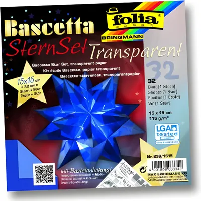 Produktbild von folia Faltblätter Bascetta-Stern blau-transparent 115 g/qm 150 x 150 mm 32 Blatt