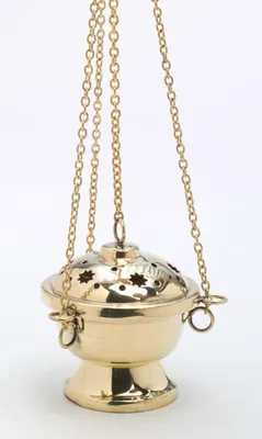 Produktbild von Weihrauchfass mit Kette zum Hängen aus Messing Gold poliert Höhe 11 cm mit Innenschale aus Stahl für die Räucherkohle