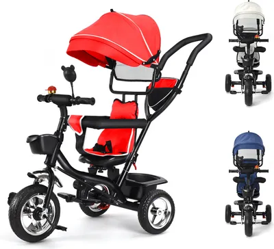 Produktbild von 4 in 1 Dreirad,Kinderdreirad mit Sonnendach Kinderwagen Fahrrad Baby Kleinkinder Rot