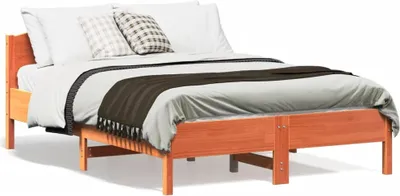 Produktbild von Design Massivholzbett mit Kopfteil Wachsbraun 140x190 cm Kiefer, Klassische Betten 2024 Neu