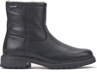 A black leather boot with a white fuzzy lining.