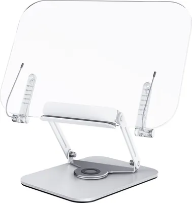 Zdjęcie produktu dla Stojak na książki do czytania na biurko Bisofice z obrotową podstawą 360°, przezroczystym akrylowym blatem i bocznymi zaciskami, składany i regulowany pod kątem