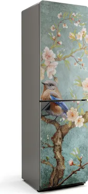 Produktbild von Vogel auf einem Zweig mit Blumen – Magnetische Kühlschrank Abdeckung – Dekorfolie magnetisch Küche – Kühlschrank Magnet Deko – selbstklebende Magnettafel – Magnetfolie für Kühlschranktür – 60x205 cm