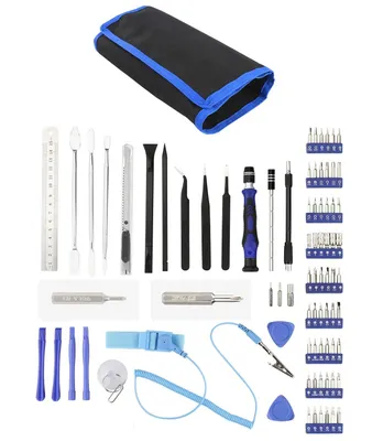 A collection of electronic repair tools laid out on a white background, with a black and blue carrying case at the top.