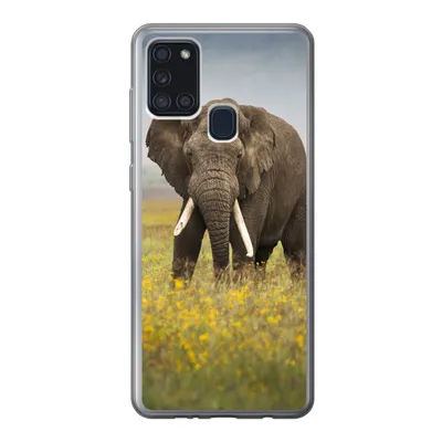 Produktbild von MuchoWow® Handyhülle Schutzhülle Hülle für Samsung Galaxy A21s Elefant - Blumen - Gras - Tiere - Natur Silikon Softcase Handy Hülle - Hartschale