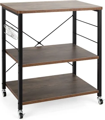 Produktbild von Servierwagen Küchenwagen auf Rollen, Küchenregal 3 Ebenen & 10 Haken, Druckertisch Druckerstaender Industrie-Design, Küchenwagen Holz & Stahl, Standregal Gewürzregal 60 x 40 x 73 cm