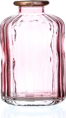 Produktbild von Mini Glasvase mit Rillen - Dekovase - Blumenvase - mit Goldrand - H: 10cm - rosa