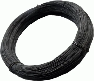 A coil of black wire on a white background.