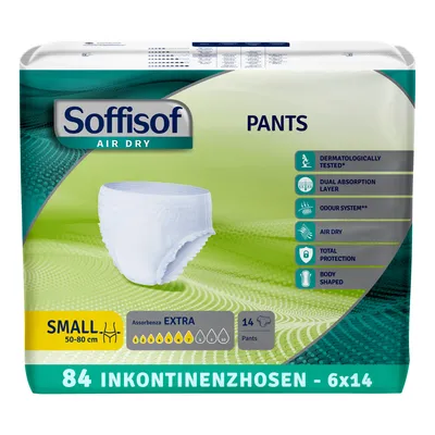 Image de Soffisof Air Dry Couches Adultes Extra S - 84x Incontinence Pants - 6 paquets de 14 couches, 7 gouttes - Couches Pants