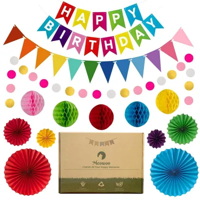 Produktbild von Geburtstagsdeko Set Regenbogen Happy Birthday Girlande Wimpelkette Wabenblumen Papierfächer Wiederverwendbar