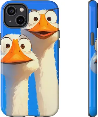 Produktbild von Zwei lustige Gänse mit großen Augen auf blauem Hintergrund – Hülle Kompatibel mit iPhone 14 Plus
