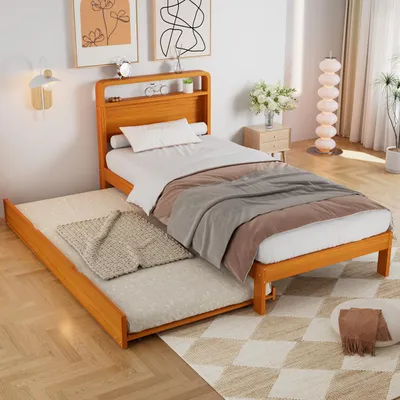 Produktbild von Merax Holzbett Kinderbett 90x200cm mit Ausziehbett 90x190cm, Gästebett mit abgerundetes Kopfteil, links/rechts montierbar, Funktionsbett, Natur