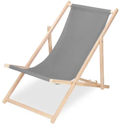 A grey fabric deck chair with a wooden frame, shown from a side angle on a white background.