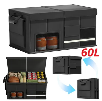 Obrázek produktu pro Organizér do kufru auta – skládací úložný box – objem 60 litrů – odnímatelné přepážky – lehký nylon – černá barva